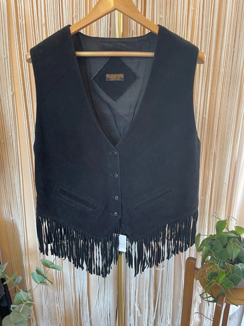 Vintage black suede leather fringe vest with cotton Mexican Dobby fabric back - Picture 5 of 9